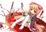  blonde_hair blood blush bow bunny garter_belt garter_straps hair_bow highres knife long_hair long_sleeves masaki_(machisora) original puffy_sleeves rabbit red_eyes sitting solo stuffed_animal stuffed_toy thigh-highs thighhighs very_long_hair weapon white_legwear 