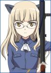  1girl animal_ears blonde_hair cat_ears frame glasses long_hair lowres perrine_h_clostermann simple_background solo strike_witches weapon yellow_eyes 