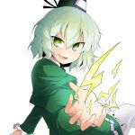  arutana chipa_(arutana) dress electricity ghost_tail green_dress green_eyes green_hair hat long_sleeves multiple_tails open_mouth puffy_sleeves short_hair soga_no_tojiko solo tail tate_eboshi touhou white_background 