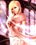  blonde_hair brown_eyes cake_(nico_seiga) dress eve_brea flower hair_flower hair_ornament hand_on_own_chest highres light_smile looking_at_viewer parasite_eve parasite_eve_the_3rd_birthday smile solo 