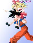  1girl ascot blonde_hair carrying crossover dragon_ball dragon_ball_z dragonball_z flandre_scarlet highres kamishima_kanon side_ponytail son_gokuu spiked_hair spiky_hair touhou wings 