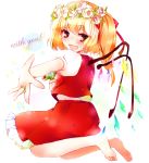  :d bad_id bare_legs barefoot blonde_hair blush crystal english fang flandre_scarlet flower hair_ornament hair_ribbon head_wreath hr385 jewelry komu_(hr385) no_hat no_headwear open_mouth outstretched_arm outstretched_hand puffy_sleeves red_eyes ribbon ring short_hair short_sleeves side_ponytail simple_background smile solo touhou white_background wings 