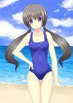  beach breasts brown_hair cloud clouds highres long_hair one-piece_swimsuit original purple_eyes sky smile solo swimsuit twintails violet_eyes water 