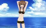  amane_suzuha beach bikini braids brown_hair clouds green_eyes long_hair steins;gate swimsuit wink 