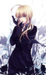  ahoge blonde_hair business_suit domco fate/zero fate_(series) formal gloves green_eyes long_hair mouth_hold pant_suit ponytail saber solo suit 
