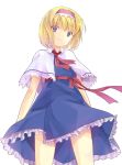  alice_margatroid bad_id blonde_hair blue_eyes bowtie capelet dress elise_(piclic) frilled_dress frills hairband highres looking_at_viewer ribbon sash short_hair simple_background solo touhou white_background wind 