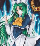  bow capelet crescent green_eyes green_hair hat long_hair long_sleeves mima ryumaira smile solo staff touhou touhou_(pc-98) very_long_hair 