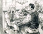  4boys berserk black_hair corkus drinking eating food glass graphite_(medium) griffith guts judeau kkuwa long_hair meat monochrome multiple_boys ponytail short_hair sketch table traditional_media wavy_hair white_hair 