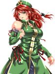  adapted_costume bare_shoulders beret braid breasts bridal_gauntlets green_eyes hair_ribbon hat highres hong_meiling long_hair open_mouth red_hair redhead ribbon side_braid simple_background solo star touhou white_background yoiti 