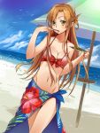  absurdres asuna_(sao) bare_shoulders beach bikini blue_sky breasts brown_eyes brown_hair chopsticks cleavage dutch_angle eating highres juu. long_hair looking_at_viewer navel red_bikini sarong sky slender_waist solo swimsuit sword_art_online water 