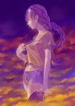  braid cloud clouds copyright_request fan long_hair midriff navel paper_fan pomodorosa purple_hair risa_hibiki shirt_pull short_shorts shorts solo sunglasses twin_braids 