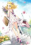  bag blonde_hair blue_eyes blush bouquet cocoon_(loveririn) dress floral_print flower hair_ornament high_heels highres holding kneepits lamppost looking_back open_shoes original petals pink_rose plant potted_plant rose shoes smile solo stairs wind 
