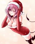  bare_shoulders black_legwear blush boots breasts cake_(nico_seiga) cleavage demon_tail dress elbow_gloves gloves momo_velia_deviluke pink_eyes pink_hair santa_costume short_hair smile solo tail thigh-highs thigh_boots thighhighs to_love-ru wink 