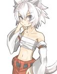  androgynous animal_ears bare_shoulders belt flat_chest hand_on_hip inubashiri_momiji long_sleeves looking_at_viewer midriff navel nexs_(akl) no_hat no_headwear no_shirt sarashi simple_background solo tail touhou white_background wide_sleeves wolf_ears wolf_tail 