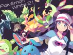  adjusting_headwear azumarill blitzle blue_eyes blush brown_hair double_bun emboar fire flygon holding holding_poke_ball kimino_tomonari mei_(pokemon) poke_ball pokemon pokemon_(game) pokemon_bw2 raglan_sleeves reuniclus ribbon sawsbuck smile title_drop visor_cap 