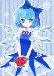  absurdres bad_id blue_air blue_eyes blue_hair blush bouquet bow cirno detached_wings flower hair_bow highres ice ice_wings leaf rose short_hair short_sleeves smile snowflakes solo touhou wa_sakaidera_umeko wings 