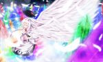  alternate_hair_color angel_wings closed_eyes crystal eyes_closed feathers food fruit hands_clasped hat hat_removed headwear_removed highres hinanawi_tenshi leaf long_hair mixarumixa peach puffy_sleeves short_sleeves silver_hair solo touhou very_long_hair wings 