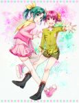  :d boots casual cosplay costume_switch dress ee_yy422 green_eyes green_hair hoshizora_miyuki hoshizora_miyuki_(cosplay) midorikawa_nao midorikawa_nao_(cosplay) multiple_girls open_mouth pink_dress pink_eyes pink_hair ponytail precure shirt shoes short_hair short_twintails shorts skirt smile smile_precure! thigh-highs thighhighs title_drop twintails white_legwear 