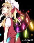  ascot black_background blonde_hair blush fang finger_to_mouth flandre_scarlet glowing hand_to_chin hat hat_ribbon namori open_mouth red_eyes ribbon short_hair side_ponytail skirt skirt_set smile solo touhou wings wrist_cuffs 