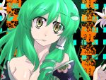  1girl bare_shoulders breasts cleavage frog_hair_ornament green_hair hair_ornament japanese_clothes kimono kochiya_sanae lips long_hair off_shoulder snake toro_(nightlord) touhou yellow_eyes 