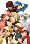  barnaby_brooks_jr blonde_hair blush brown_eyes brown_hair cabbie_hat ebitetsu facial_hair glasses green_eyes hat kaburagi_t_kotetsu male multiple_boys multiple_persona necktie palette_swap peperonchiino_takuma stubble tiger_&amp;_bunny vest waistcoat 