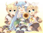  2girls blonde_hair blue_eyes blue_hair closed_eyes detached_sleeves fang flower hair_ornament hair_ribbon hairclip hatsune_miku kagamine_len kagamine_rin long_hair multiple_girls necktie open_mouth poooka ribbon seiza short_hair shorts sitting skirt sunflower thighhighs twintails v very_long_hair vocaloid 