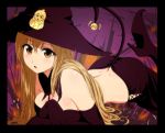  blonde_hair blush border breasts brown_eyes butt_crack cake_(nico_seiga) cameo elbow_gloves gloves halloween hat high_heels long_hair minami-ke minami_chiaki minami_haruka minami_kana on_stomach shoes solo witch_hat 