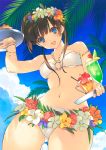  :d beach bikini blue_eyes blush breasts brown_hair crotch flower food from_below fujisawa_machi glass hair_flower hair_ornament happy head_wreath holding looking_at_viewer looking_down mole navel o-ring_bikini o-ring_top open_mouth original outdoors short_hair sky smile solo swimsuit thigh_gap thighs tray under_boob underboob wet white_bikini 