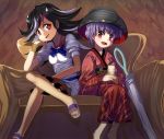  2girls :d black_hair bowl_hat bracelet chin_rest cup dress japanese_clothes jewelry kijin_seija kimono multicolored_hair multiple_girls needle obi open_mouth oversized_object purple_hair red_eyes sash shope short_hair smile sukuna_shinmyoumaru teacup touhou 