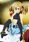  ;d absurdres bare_shoulders bed black_legwear brown_hair dragon feet fingerless_gloves gloves halter_top halterneck highres midriff navel no_shoes nyantype official_art open_mouth pina_(sao) pleated_skirt red_eyes scan short_twintails silica sitting skirt smile solo sword_art_online thigh-highs thighhighs twintails undressing wink 