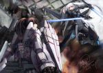  2girls armor blade blue_eyes brown_hair cyborg dual_wielding female gun highres multiple_girls original ponytail shou_mai twintails weapon white_hair 