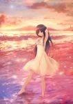  arm_behind_head arm_up barefoot brown_eyes brown_hair cloud clouds coffee-kizoku dress feet_in_water hand_in_hair long_hair original ripples sky soaking_feet solo sundress sunset wading water white_dress 