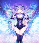  1girl blue_eyes bodysuit braid breasts choujigen_game_neptune cleavage cleavage_cutout clothed_navel hair_ornament kami_jigen_game_neptune_v long_hair official_art outstretched_arms outstretched_hand purple_hair purple_heart purple_legwear solo thighhighs tsunako twin_braids twintails watermark 