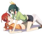  blush casual female green_eyes green_hair hair_ornament hino_akane looking_down looking_up midorikawa_nao midriff multiple_girls on_back open_mouth ponytail precure red_eyes red_hair redhead short_hair simple_background smile_precure! straddle straddling yashu yuri 