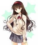  brown_eyes brown_hair copyright_request hagiwara_rin hairband hand_on_hip hips long_hair looking_at_viewer school_uniform skirt smile solo star sweater 