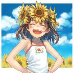  :d ^_^ blush brown_hair closed_eyes cloud clouds collarbone eyes_closed flower hands_on_hips open_mouth original smile solo sunflower yuuryuu_nagare 