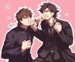  black_eyes black_hair black_jacket blood blood_in_mouth brown_eyes brown_hair clenched_hands command_spell cross cross_necklace emiya_kiritsugu empty_eyes fate/zero fate_(series) fighting formal habit jewelry kotomine_kirei male multiple_boys necklace necktie open_mouth pink_background punching short_hair simple_background suit wink zihad 