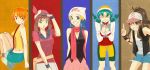  aqua_background bandana bandanna bangs baseball_cap beanie bike_shorts blue_background blue_eyes blue_hair brown_background brown_hair crystal_(pokemon) denim denim_shorts gloves hair_ornament haruka_(pokemon) hat hikari_(pokemon) kasumi_(pokemon) long_hair multiple_girls open_mouth orange_background orange_hair pokemon pokemon_(anime) pokemon_(game) pokemon_bw pokemon_dppt pokemon_gsc pokemon_rse red_background scarf short_hair shorts side_ponytail skirt tamakkun touko_(pokemon) twintails 