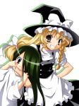  akou_roushi arm_around_neck blonde_hair blush braid brown_eyes crossover green_hair grey_eyes grin hair_over_one_eye hand_on_hip hat hips kirisame_marisa long_hair multiple_girls smile tears the_ring touhou yamamura_sadako 