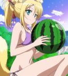  animal_ears bikini blonde_hair breasts dog_days food fox_ears fruit green_eyes highres large_breasts ponytail purple_bikini ribbon screencap side-tie_bikini sideboob smile solo swimsuit tail underboob watermelon yukikaze_panettone 