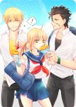  2boys ahoge bag black_hair blonde_hair bookbag casual crepe eating fate/zero fate_(series) gilgamesh green_eyes hair_ribbon iroto_89 lancer_(fate/zero) multiple_boys ponytail red_eyes ribbon saber school_uniform serafuku yellow_eyes 