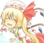  1girl apron bag blonde_hair buttons closed_eyes fang flandre_scarlet hat hat_ribbon lowres mob_cap open_mouth ribbon short_hair short_sleeves side_ponytail simple_background skirt skirt_set solo touhou white_background wings yuuma_(pumpkin) 