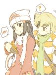  1boy 1girl ? bag beanie black_hair blonde_hair blush dress embarrassed gift gloves hair_ornament hat hikari_(pokemon) hikari_(pokemon)_(remake) jun_(pokemon) jun_(pokemon)_(remake) long_hair pokemon pokemon_(game) pokemon_dppt ribbon scarf shirt short_hair simple_background striped striped_shirt winter_clothes 