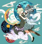  bad_id blue_eyes blue_hair blush dress fish ghost_tail graveyard green_dress green_eyes green_hair hair_rings hair_stick hat highres kaku_seiga leaf long_sleeves miyako_yoshika moon multiple_girls multiple_tails puffy_sleeves ringetsumon shawl short_hair short_sleeves silhouette smile soga_no_tojiko sword tail tate_eboshi touhou weapon 