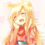  ^_^ akane_(naomi) animal_ears blonde_hair blush bow closed_eyes eyes_closed fang fox_ears hand_on_own_face hands_on_another&#039;s_cheeks hands_on_own_cheeks hands_on_own_face heart japanese_clothes long_hair lowres naomi_(sekai_no_hate_no_kissaten) open_mouth original smile 