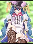  boots bow cross-laced_footwear food frills fruit hat hinanawi_tenshi kasetsu lips long_hair peach puffy_sleeves red_eyes ribbon sitting smile solo stare touhou very_long_hair 