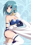  adjusting_thighhigh blue_eyes blush breasts cake_(nico_seiga) cape cleavage earrings gloves highres jewelry looking_at_viewer magical_girl mahou_shoujo_madoka_magica miki_sayaka short_hair solo thigh-highs thighhighs white_legwear 
