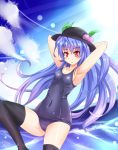  alternate_costume armpits black_legwear blue_hair blush breasts cleavage collarbone food fruit hat hinanawi_tenshi leaf long_hair one-piece_swimsuit open_mouth peach red_eyes school_swimsuit solo sumapan swimsuit thigh-highs thighhighs touhou 