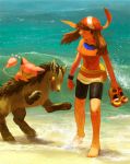  1girl :3 ^_^ bandana bandanna barefoot beach bike_shorts brown_hair closed_eyes feet haruka_(pokemon) mightyena ocean open_mouth pokemon pokemon_(creature) sand shoes_removed short_hair skitty smile standing water wristband yuza 