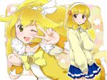  blonde_hair cardigan choker cure_peace dress hair_ornament hairband kagami_mikoto kise_yayoi long_hair magical_girl middle_w multiple_persona open_mouth ponytail precure school_uniform skirt smile smile_precure! v_over_eye wink yellow_eyes 